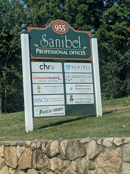 Sanibel plaza directory as seen from the road.